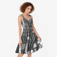 Samoa Siapo Tribal Pattern Midi Dress Light Gray Polynesian Plumeria Tapa Motif