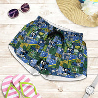 Solomon Islands Meri Kirihimete Shorts for Women Pacific Patchwork Xmas Vibes LT9 Blue - Polynesian Pride