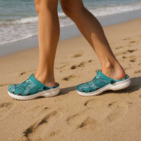 Teal Monstera Clogs Shoes Polynesian Tribal Pattern - Polynesian Pride