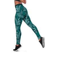 Teal Monstera Leggings Polynesian Tribal Pattern - Polynesian Pride