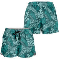 Teal Monstera Shorts for Women Polynesian Tribal Pattern LT01 - Polynesian Pride