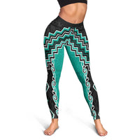 Teal Niho Taniwha Mix Poutama Leggings Unique Taniko Aotearoa LT01 - Polynesian Pride