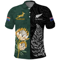 (Custom Text and Number) South Africa Protea and New Zealand Fern Polo Shirt Rugby Go Springboks vs All Black LT13