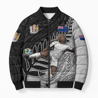 Personalized New Zealand Football Bomber Puffer Jacket Kiwi Mascot with Silver Fern - Maori Tribal Tattoo Art