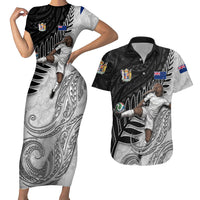 Personalized New Zealand Football Couples Matching Short Sleeve Bodycon Dress and Hawaiian Shirt Kiwi Mascot with Silver Fern - Maori Tribal Tattoo Art