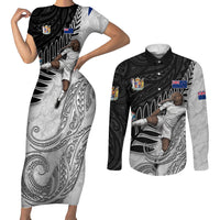 Personalized New Zealand Football Couples Matching Short Sleeve Bodycon Dress and Long Sleeve Button Shirt Kiwi Mascot with Silver Fern - Maori Tribal Tattoo Art