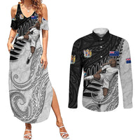 Personalized New Zealand Football Couples Matching Summer Maxi Dress and Long Sleeve Button Shirt Kiwi Mascot with Silver Fern - Maori Tribal Tattoo Art