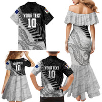Personalized New Zealand Football Family Matching Mermaid Dress and Hawaiian Shirt Kiwi Mascot with Silver Fern - Maori Tribal Tattoo Art