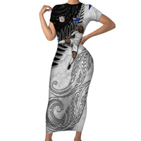 Personalized New Zealand Football Family Matching Short Sleeve Bodycon Dress and Hawaiian Shirt Kiwi Mascot with Silver Fern - Maori Tribal Tattoo Art
