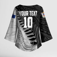 Personalized New Zealand Football Kimono Sleeve Blouse Kiwi Mascot with Silver Fern - Maori Tribal Tattoo Art