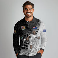Personalized New Zealand Football Long Sleeve Polo Shirt Kiwi Mascot with Silver Fern - Maori Tribal Tattoo Art