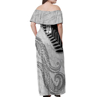 Personalized New Zealand Football Off Shoulder Maxi Dress Kiwi Mascot with Silver Fern - Maori Tribal Tattoo Art