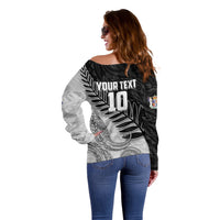 Personalized New Zealand Football Off Shoulder Sweater Kiwi Mascot with Silver Fern - Maori Tribal Tattoo Art