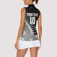 Personalized New Zealand Football Women Sleeveless Polo Shirt Kiwi Mascot with Silver Fern - Maori Tribal Tattoo Art