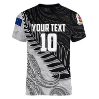 Personalized New Zealand Football Women V-Neck T-Shirt Kiwi Mascot with Silver Fern - Maori Tribal Tattoo Art