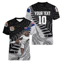 Personalized New Zealand Football Women V-Neck T-Shirt Kiwi Mascot with Silver Fern - Maori Tribal Tattoo Art