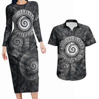 Hawaiian Piko Couples Matching Long Sleeve Bodycon Dress and Hawaiian Shirt Cultural Anchor Connect Your Roots Ocean Waves TS04 Black Grey - Polynesian Pride
