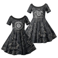 Hawaiian Piko Family Matching Off Shoulder Short Dress and Hawaiian Shirt Cultural Anchor Connect Your Roots Ocean Waves TS04 Daughter's Dress Black Grey - Polynesian Pride