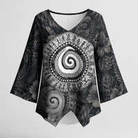 Hawaiian Piko Kimono Sleeve Blouse Cultural Anchor Connect Your Roots Ocean Waves TS04 Female Black Grey - Polynesian Pride