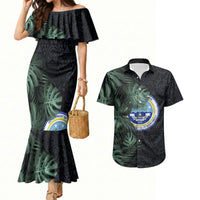 Federated States Of Micronesia Couples Matching Mermaid Dress and Hawaiian Shirt FSM Tropical Monstera Leaf Dark Tribal Pattern TS04 Black Green - Polynesian Pride