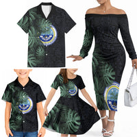 Federated States Of Micronesia Family Matching Off The Shoulder Long Sleeve Dress and Hawaiian Shirt FSM Tropical Monstera Leaf Dark Tribal Pattern TS04 - Polynesian Pride