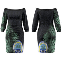 Federated States Of Micronesia Family Matching Off The Shoulder Long Sleeve Dress and Hawaiian Shirt FSM Tropical Monstera Leaf Dark Tribal Pattern TS04 Mom's Dress Black Green - Polynesian Pride