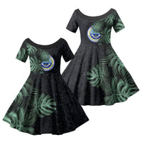 Federated States Of Micronesia Family Matching Puletasi and Hawaiian Shirt FSM Tropical Monstera Leaf Dark Tribal Pattern TS04 Daughter's Dress Black Green - Polynesian Pride