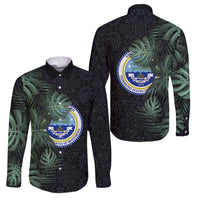 Federated States Of Micronesia Family Matching Summer Maxi Dress and Hawaiian Shirt FSM Tropical Monstera Leaf Dark Tribal Pattern TS04 Dad's Shirt - Long Sleeve Black Green - Polynesian Pride