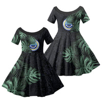 Federated States Of Micronesia Family Matching Summer Maxi Dress and Hawaiian Shirt FSM Tropical Monstera Leaf Dark Tribal Pattern TS04 Daughter's Dress Black Green - Polynesian Pride