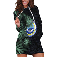 Federated States Of Micronesia Hoodie Dress FSM Tropical Monstera Leaf Dark Tribal Pattern TS04 Black Green - Polynesian Pride