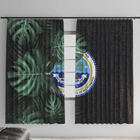 Federated States Of Micronesia Window Curtain FSM Tropical Monstera Leaf Dark Tribal Pattern TS04 With Hooks Black Green - Polynesian Pride