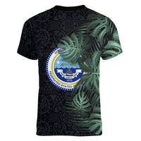Federated States Of Micronesia Women V-Neck T-Shirt FSM Tropical Monstera Leaf Dark Tribal Pattern TS04 - Polynesian Pride