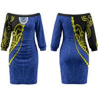 Federated States Of Micronesia FSM Family Matching Off The Shoulder Long Sleeve Dress and Hawaiian Shirt Pacific Islander Tribal Swirl Geometric Pattern TS04 Mom's Dress Black Blue - Polynesian Pride