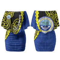 Federated States Of Micronesia FSM Family Matching Off Shoulder Short Dress and Hawaiian Shirt Pacific Islander Tribal Swirl Geometric Pattern TS04 Mom's Dress Black Blue - Polynesian Pride