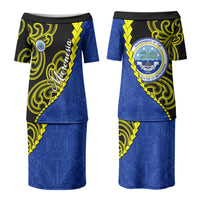 Federated States Of Micronesia FSM Family Matching Puletasi and Hawaiian Shirt Pacific Islander Tribal Swirl Geometric Pattern TS04 Mom's Dress Black Blue - Polynesian Pride