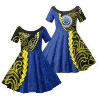 Federated States Of Micronesia FSM Family Matching Short Sleeve Bodycon Dress and Hawaiian Shirt Pacific Islander Tribal Swirl Geometric Pattern TS04 Daughter's Dress Black Blue - Polynesian Pride