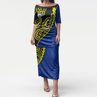 Federated States Of Micronesia FSM Puletasi Pacific Islander Tribal Swirl Geometric Pattern TS04 Long Dress Black Blue - Polynesian Pride