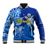 Micronesia Sea Turtle Baseball Jacket Federated States Of Micronesia Tribal Floral Pattern TS04 Unisex Blue White - Polynesian Pride