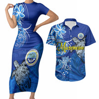 Micronesia Sea Turtle Couples Matching Short Sleeve Bodycon Dress and Hawaiian Shirt Federated States Of Micronesia Tribal Floral Pattern TS04 Blue White - Polynesian Pride