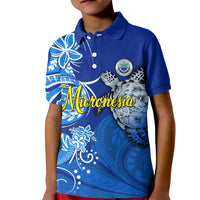 Micronesia Sea Turtle Kid Polo Shirt Federated States Of Micronesia Tribal Floral Pattern TS04 Kid Blue White - Polynesian Pride