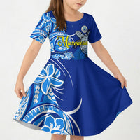 Micronesia Sea Turtle Kid Short Sleeve Dress Federated States Of Micronesia Tribal Floral Pattern TS04 KID Blue White - Polynesian Pride