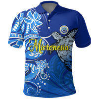 Micronesia Sea Turtle Polo Shirt Federated States Of Micronesia Tribal Floral Pattern TS04 Blue White - Polynesian Pride