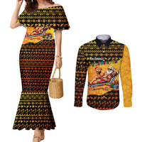 Tropical Christmas In July Santa Claus Couples Matching Mermaid Dress and Long Sleeve Button Shirt Festive Hawaiian With Beach Reindeer Sleigh
