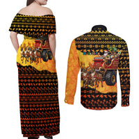 Tropical Christmas In July Santa Claus Couples Matching Off Shoulder Maxi Dress and Long Sleeve Button Shirt Festive Hawaiian With Beach Reindeer Sleigh