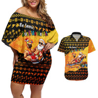 Tropical Christmas In July Santa Claus Couples Matching Off Shoulder Short Dress and Hawaiian Shirt Festive Hawaiian With Beach Reindeer Sleigh