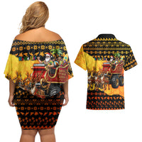 Tropical Christmas In July Santa Claus Couples Matching Off Shoulder Short Dress and Hawaiian Shirt Festive Hawaiian With Beach Reindeer Sleigh