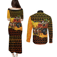 Tropical Christmas In July Santa Claus Couples Matching Puletasi and Long Sleeve Button Shirt Festive Hawaiian With Beach Reindeer Sleigh