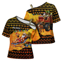 Tropical Christmas In July Santa Claus Cross Shoulder Shirt Festive Hawaiian With Beach Reindeer Sleigh