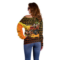 Tropical Christmas In July Santa Claus Off Shoulder Sweater Festive Hawaiian With Beach Reindeer Sleigh