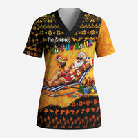 Tropical Christmas In July Santa Claus Scrub Top Festive Hawaiian With Beach Reindeer Sleigh